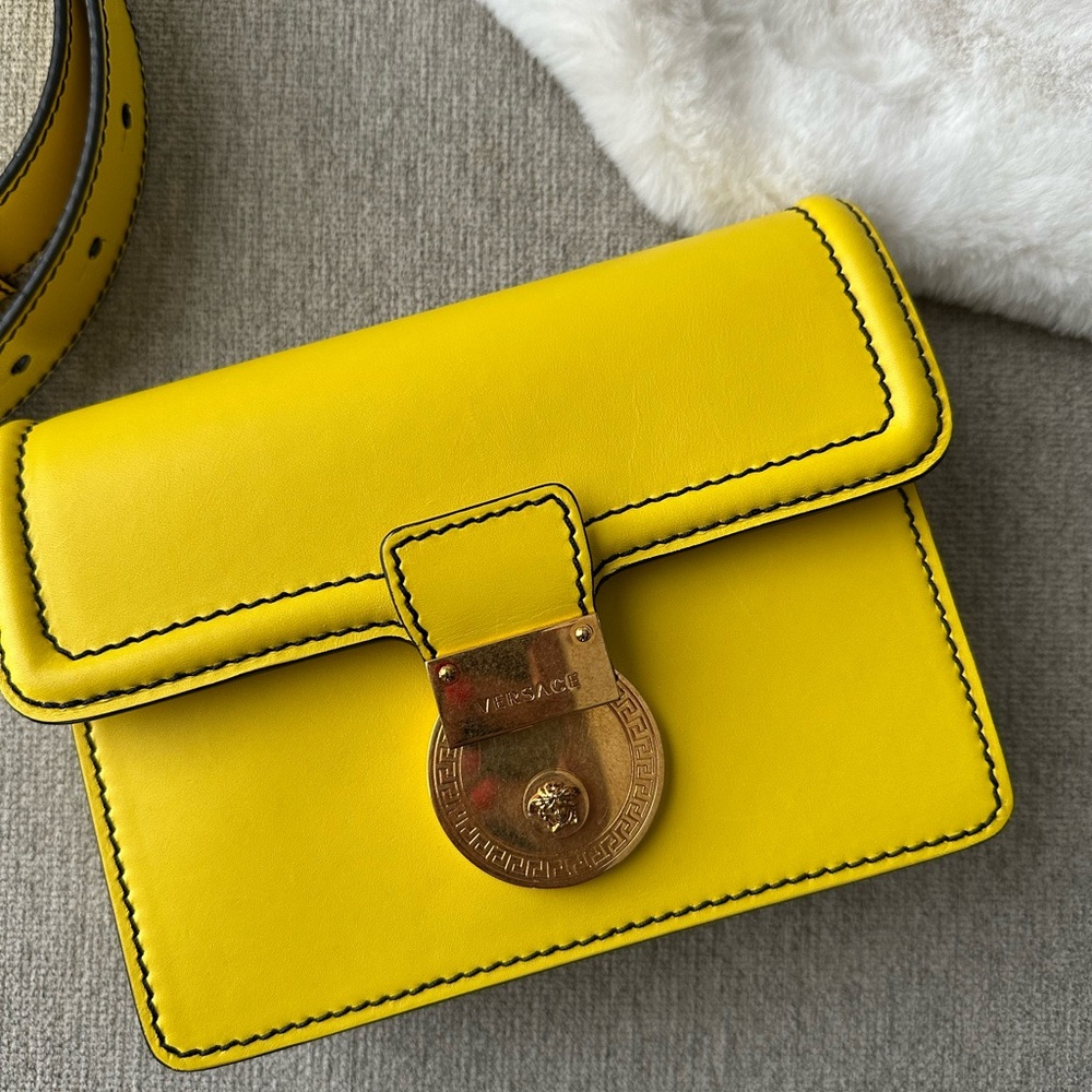Versace Yellow Calfskin V-Adiona Belt Bag with Polished Finish